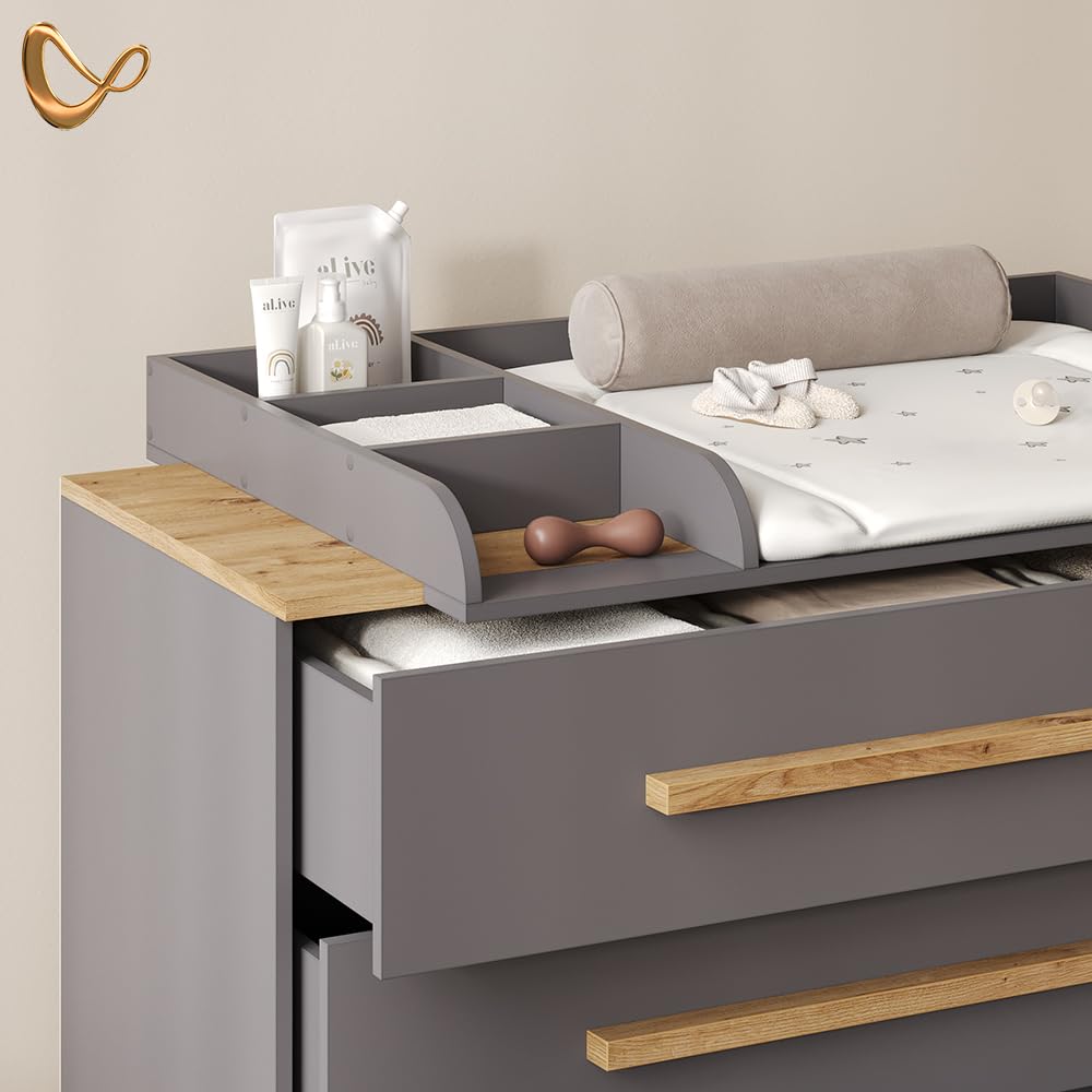 Livinity Commode à Langer Mailo, Gris/Artisan, XL avec 3 tiroirsorganisation Fonctionnelle pour Les Petits espaces