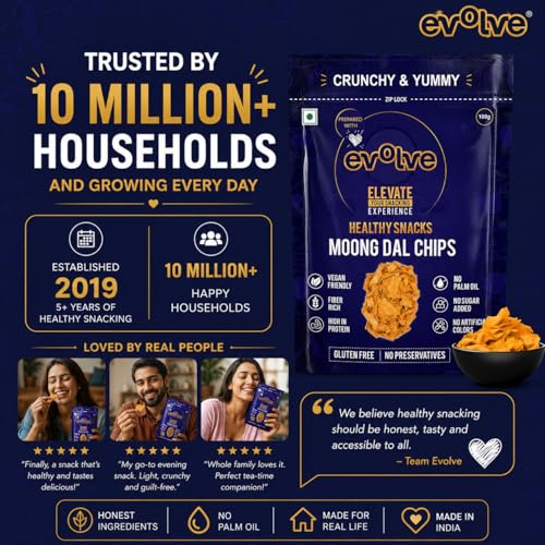 Image of Evolve Moong Dal Chips Healthy Snack for Adults | No Palm Oil, Gluten-Free & Preservative-Free, No Artificial Color or Sugar | Wholesome & Crunchy Snack | Millet Blend, Freshly Made - 100g