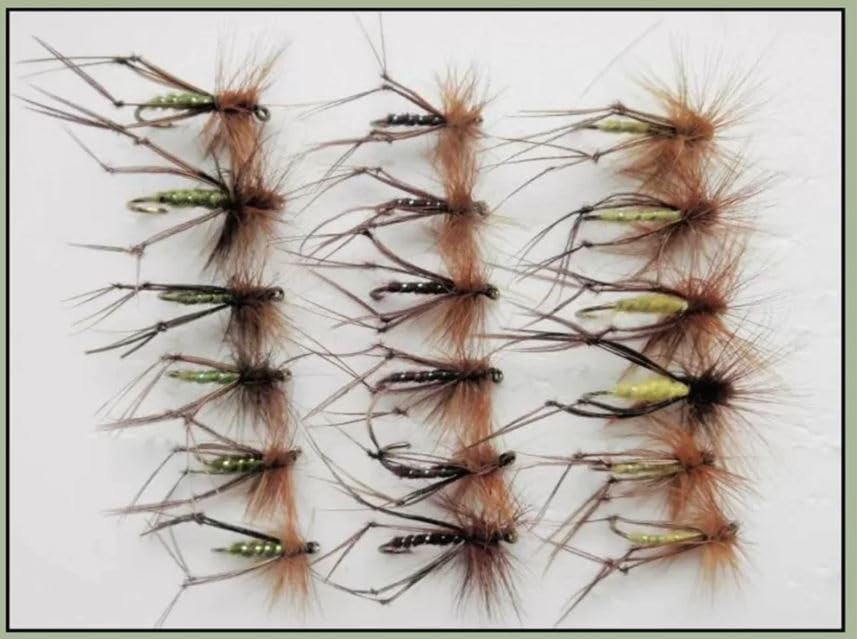 Hopper Trout Fishing Flies, 18 pack, Olive,Yellow & Claret, Choice of sizes Barbed or Barbless (Barbless, Mixed)