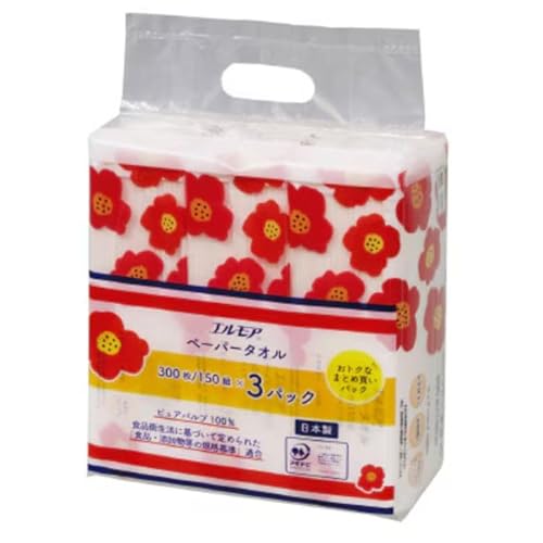 ペーパータオル パルプ100%(PEFC認証紙)中判 150組(300枚×3個)1ケース(16パック) エルモア