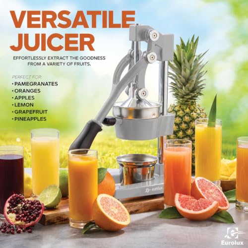 Image of Eurolux Ultra-Premium Cast Iron Juicer | Extra-Large, Heavy Duty, Commercial Grade, Stainless Steel Manual Hand Press Citrus Squeezer For Fresh Orange Juice, Pomegranate, Lemon, and Much More (Gray)
