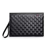 Men's Leather Clutch Handbag, Black, Checkered Pattern, Wristlet Strap, 6 Card Slots, Zipper Pocket, Fashion Casual Style