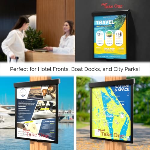 Marketing Holders Outdoor Brochure Holder Holds 8.5\" x 11\" Advertising Flyers Black Plastic Wall or Post Mount Catalog Box with Lid Includes Zip Ties Screws and Please Take One Sticker - Thumbnail 3