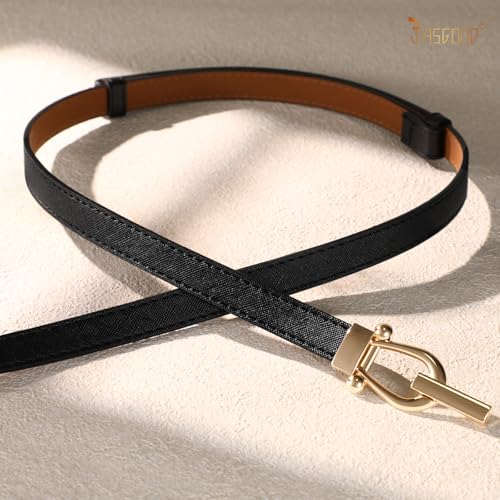 JASGOOD 2 Pack Women’s Thin Belts Pu Leather Adjustable Skinny Waist Belts for Jeans Pants Dresses with Gold Buckle2