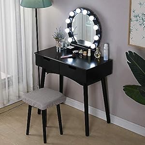 Kaptafel met LED Spiegel, 2 Lades en Make-up Krukje, Commode Moderne Stijl voor Slaapkamer, Kleedkamer, Schoonheidssalon…