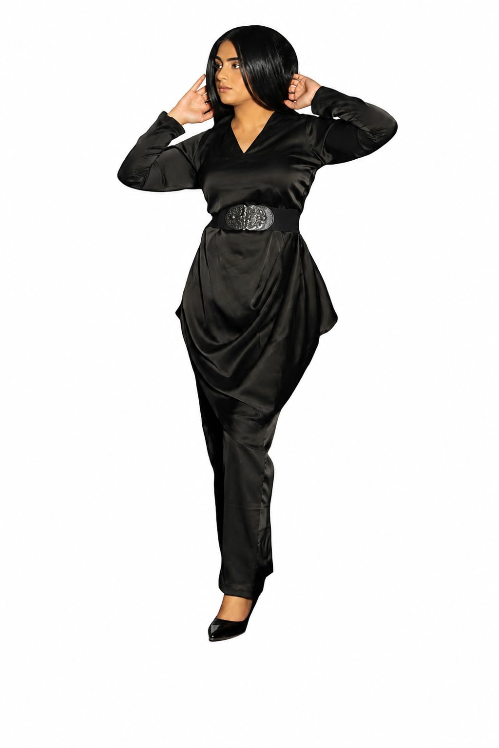 bold chic LEGANT Design: Women's Two-piece Suit Featuring a Luxurious Satin Fabric with a Sophisticated Draped Detail on the top.-picture-12