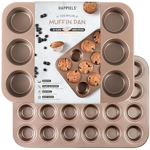 HAPPIELS Bundle of 2 items: 12 Cup Muffin Pan and 24 Cup Mini Muffin Tin | Non Stick Cupcake Pans | Nontoxic Muffin Tins Regular Size | Non Toxic Bakeware Baking Pans Cover