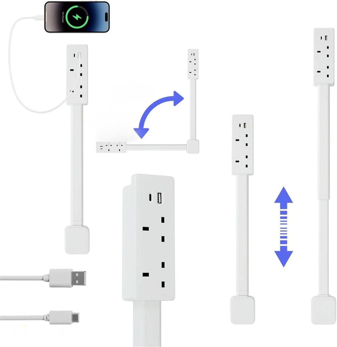 Outlet Extender Uk - Electrical Outlet Extender Uk - Flat Face Power Socket Extenders With USB-A, USB-C And 2 AC Outlets, 180° Rotatable Plug Extenders