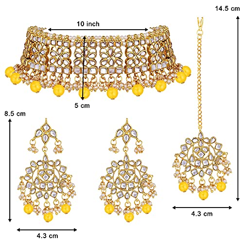 Image of Aheli Elegant Indian Faux Kundan Studded Choker Necklace with Maang Tikka Set Ethnic Wedding Wear Bharatanatyam jewellery set Gift for Women