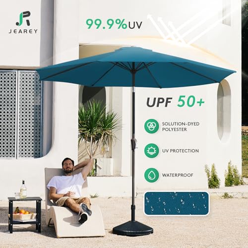 Image of JEAREY 9FT Outdoor Patio Umbrella Outdoor Table Umbrella with Push Button Tilt and Crank, Market Umbrella 8 Sturdy Ribs UV Protection Waterproof for Garden, Deck, Backyard, Pool (Lake Blue)