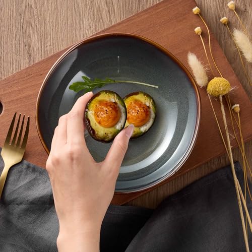 Geschirrset 6 Personen, Onader 18 Teiliges Tafelservice Steingut Set, Unregelmäßig Rund Müslischalen Dessertteller Speiseteller, Anti-Kratzer & Mikrowellenfest, Reaktives Moosgrün