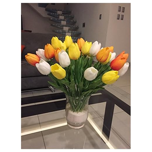 Ramos de tulipanes artificiales de flores para el hogar, cocina, sala de estar, comedor, decoración de boda (blanco, amarillo, rojo atardecer)