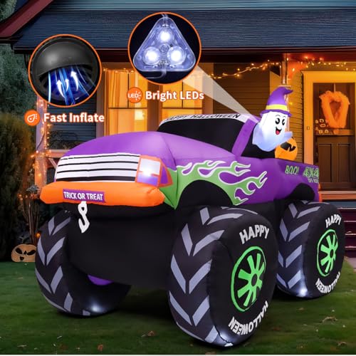 Image of GOOSH 8 FT Long Halloween Inflatables Monster Truck Outdoor Decorations Blow Up Yard Cute Ghost with Pumpkin on Truck Car with Built-in LEDs for Garden Lawn Indoor Party Decor