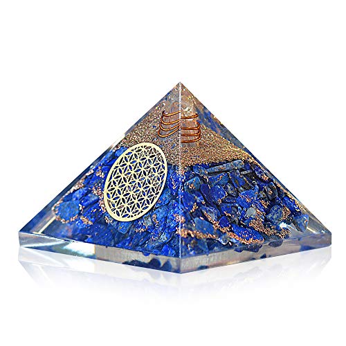 Lapis Lazuli Orgone Pyramid with Charge Crystal Point and Flower of Life Symbol  Quartz Crystal Positive Energy Generator Provides EMF Protection and Positive Energy
