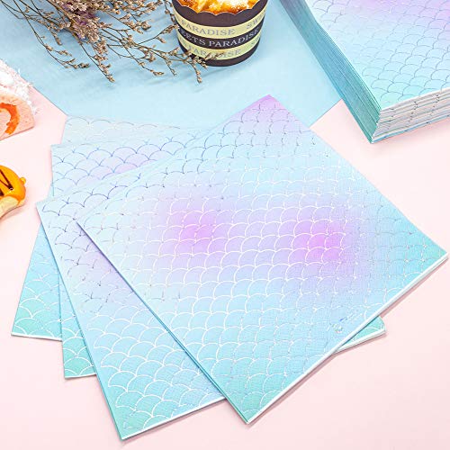 Mermaid Party Supplies - 200Pcs Party Paper Plates Disposable Paper Dinnerware Set，50 Dinner Plates Dessert Plates Cups Napkins For Girl’s Birthday Baby Shower Wedding Hawaii Ocean Cocktail Party #TOP4