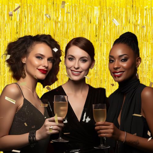 Image of DECOCKRAT 2 Pack Foil Fringe Backdrop - Laser Gold Shiny Tinsel Curtains for Party Decoration /Photo Booth Props - 3.3x6.6 FT Metallic Foil Backdrop for Birthday, Wedding, Graduation, Christmas.