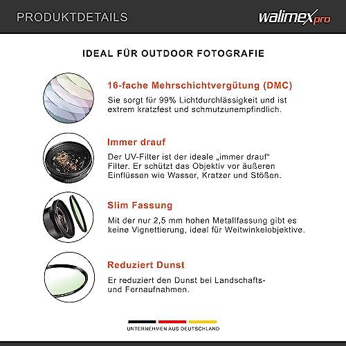 Walimex pro Filtr UV Slim Super DMC 95 mm – wyjątkowo wysokiej jakości filtr UV do obiektywu, Slim tylko 2,5 mm, 16 x Super DMC, do ochrony obiektywu i żywych kolorów, z pudełkiem