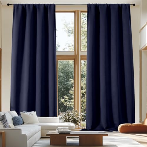 Simplebrand Ava Navy Blue Blackout Extra Long 10ft Curtains for Patio 120 Inches Long 2 Panels Set, Solid Thermal Insulated Energy Saving Rod Pocket Window Treatment Curtains Blackout Drapes, 50Wx120L