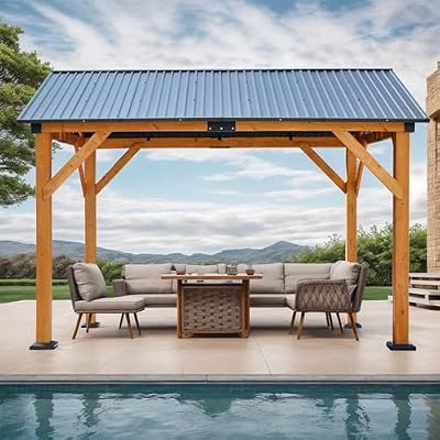 YOPTO 12x8.5 FT Wood Carport Pavilion Gazebo,Canopy Tent wiht Hard Top Steel Metal Slope Roof and Feet,All Weather Protected,Waterproof Garden Pergola for ackyard,Swimming Pool,Light Brown
