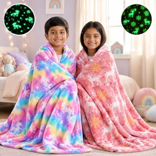 Image of Glow in The Dark Blanket for Kids Pack of 2 (Pink & Peach) | Soft Fleece Reindeer Throw Blanket with Snowflake Glow Design | Warm Flannel Blanket| Winter Bed Blanket | 150 x 200 cm