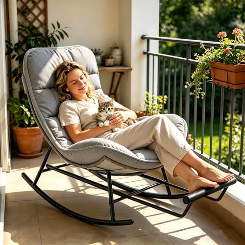 Fiutazge Silla Mecedora Exterior,Mecedora Jardin con CojíN Grueso Y ExtraíBle,Repose-Pieds RéGlables,Balancin Jardin Exterior para Dormitorio,Salon,/Sala de Esta,BalcóN-Gris