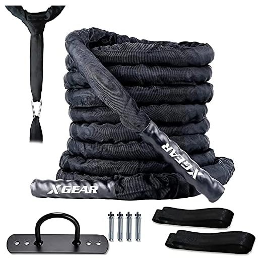 XGEAR Heavy Battle Rope, Workout Rope with Upgraded Polyester Cover, Anchor Strap, Wall Mount Kit,Undulation Ropes for Home Gym Outdoor Strength Training, Cardio Workout, 1.5" Dia, 30/40/50ft