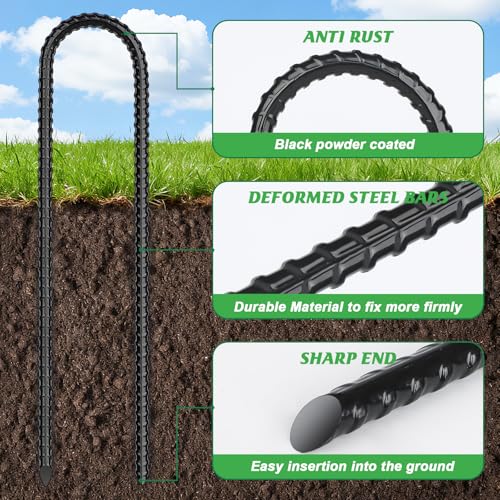 Gtongoko 12 Pack Trampoline Stakes, Trampoline Accessories, 12 Inch Ground Stakes Heavy Duty, Ground Anchors Screw in, Rebar Stakes, High Wind Tent Anchors, Galvanized Steel, U Shaped, Black