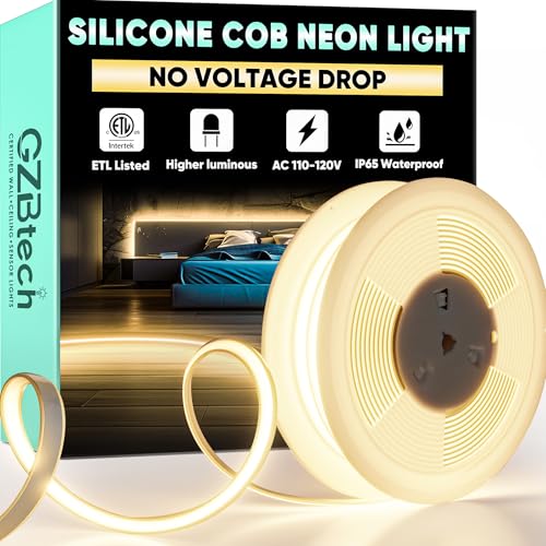 GZBtech Rubans lumineux COB silicone 33FT/10M 2800K blanc chaud imperméable 110-120V flexible découpe maison commercial ETL