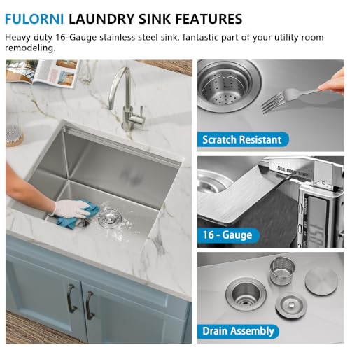 Image of 21 inchx19 inch Undermount Laundry Utility Sink Workstation - 16 Gauge 304 Stainless Steel, 13 Inch Deep Single Bowl Under Counter Sink Basin for Laundry Room, RV or Utility Use