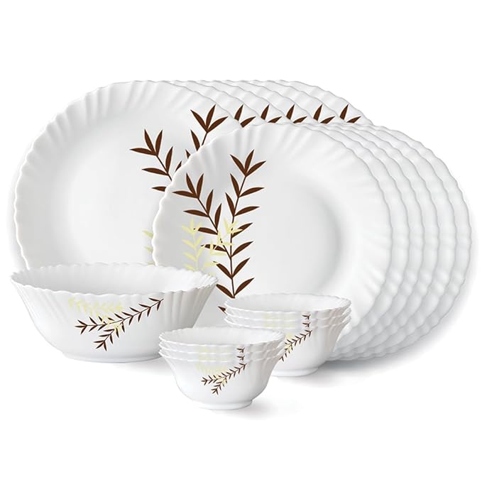 Larah by Borosil Oak Fluted Series Opalware Dinner Set | 19 Pieces for Family of 6 | Microwave & Dishwasher Safe | Bone-Ash Free | Crockery Set for Dining & Gifting | Plates & Bowls | White
