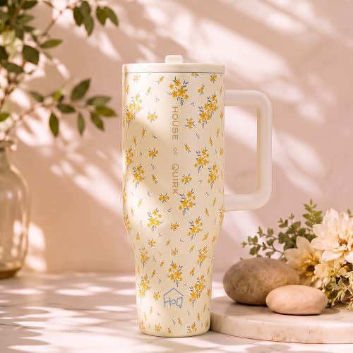 Image of House of Quirk 1200ML Tumbler with Handle & Simple Flip Straw - Car Cup Holder Friendly, Leak Resistant Water Bottle-Reusable Insulated Stainless Steel & Rubber Base (Cream Daisy)