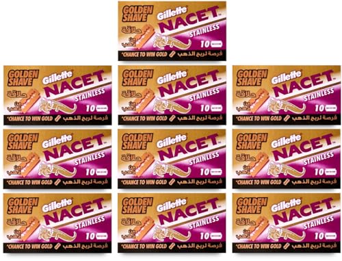 Gillette, 100 Gillette Nacet Golden Shave Double Edge Safety Razor Blades on a display card, 10 dispnesers of 10 Blades