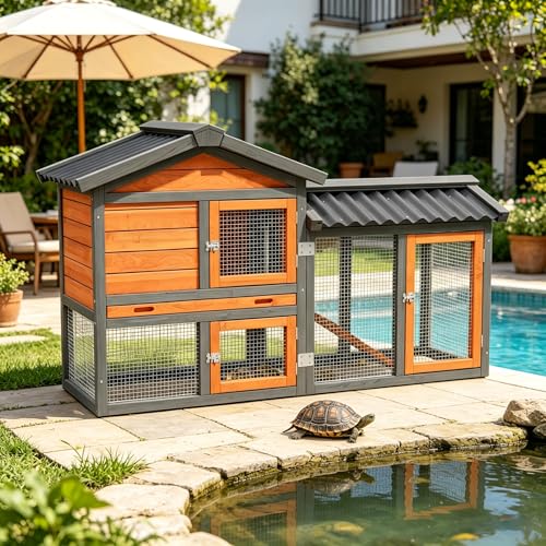 Large Tortoise Habitat House Indoor Outdoor Wooden Turtle Hidden Enclosure with Ventilating Wire Fence Reptile Lounge Cage for Small Animals (Brown2)