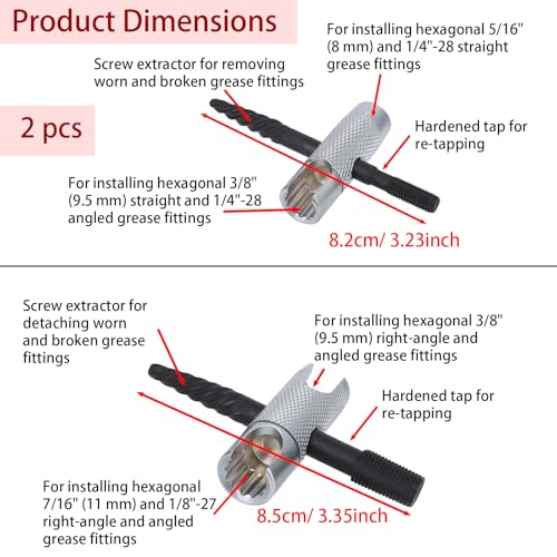 Fukaisu 2stk Schmiernippelwerkzeug, 4-in-1-Zerk-Montagewerkzeug zum Einbauen Entfernen und Neuschneiden für 1/4-28 SAE 1/8-NPT M10x1 M8x1 und Sechskantgrößen 3/8 7/16