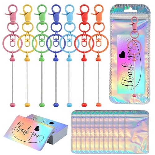 Image of 42 /84 /126 Pcs Beadable Keychain Bars Bulk Blank DIY Beaded Keychain Making Supplies with Bag Thank You Card