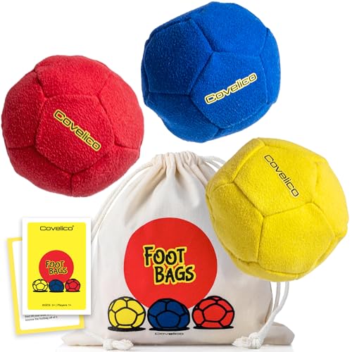 Covelico Footbag Hacky Set for Kids, Teens & Adults. 3 x 2.28& 1.6oz Sacks, Vibrant Yellow, Blue & Red, Each Sack has a Durable Dual Layer, Synthetic Suede, Guide & Stylish Bag. Group Foot Bag Game.