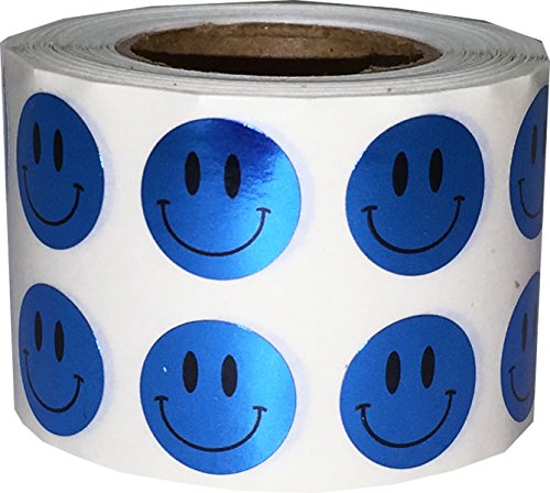 Smiley Face Stickers Metallic Blue Happy Face Labels For Teachers 1/2 Inch Round Circle Dots 1,000 Adhesive Stickers