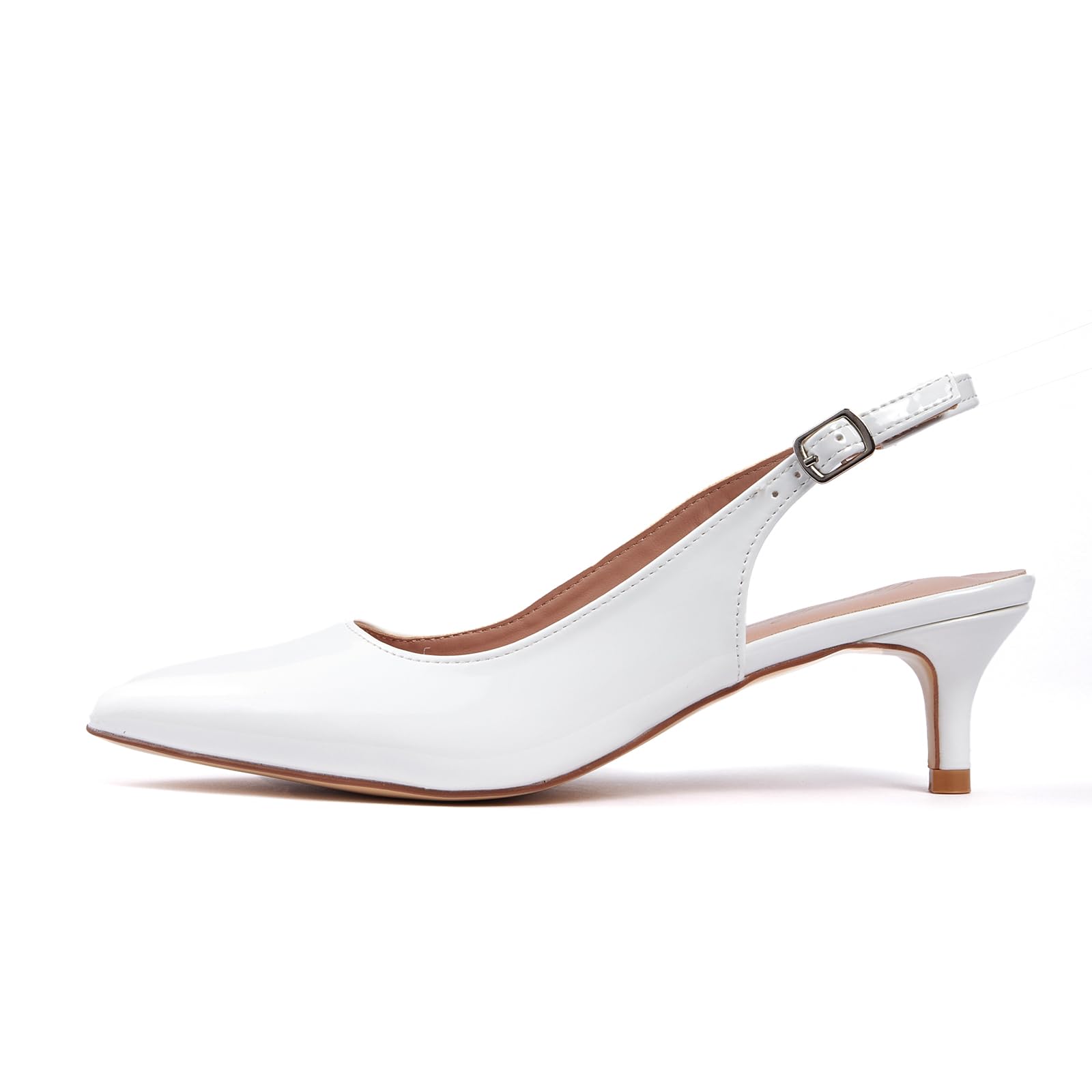 GENSHUO Slingback Pumps für Damen Elegante Kitten Heel Schuhe 5 cm/1,97 Zoll Spitze Lack High Heels mit Geschlossenen Zehen Absatzschuhe für Abend Hochzeit Büro, Weißes Lackleder, 40.5 EU