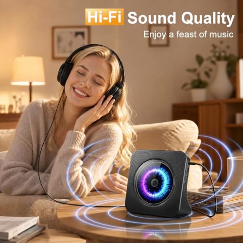 Image of CD Player Portable Bluetooth Desktop 4000mAh Rechargeable (Black) | CD Players for Home with Timer HiFi Speakers Dust Cover LCD Screen Display FM Radio 3.5mm AUX Jack Remote Control