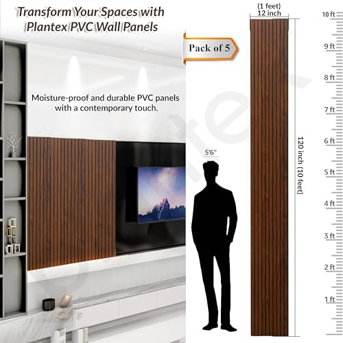 Image of Plantex PVC Wall Panel /Louvers Panel for Wall /3d Wall Panel for Interior Walls Decor /Eco-Friendly Fluted Panel for Wall - Pack of 5 (Teak Brown-12 Inch x 10 Ft)