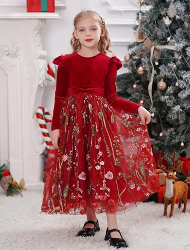 Kids Girls Fall Winter Long Sleeve Velvet Flower Floral Embroidery Ruffle Tulle Tutu Dress Princess Party Dresses3