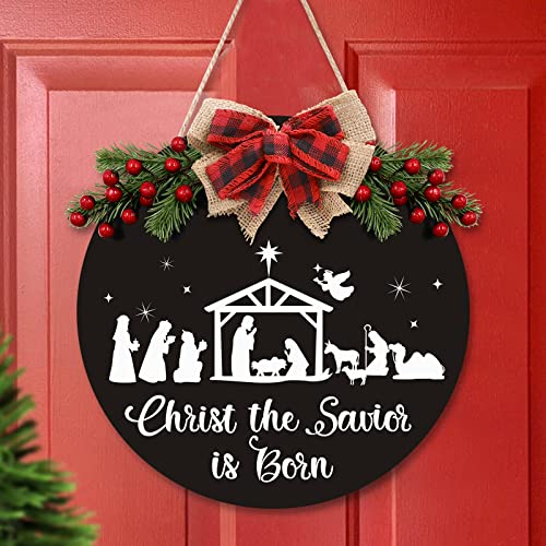 Christmas Door Sign Wreath for Front Door Nativity Ornaments Jesus Christ the Savior is Born Rustic Farmhouse Buffalo Plaid Decorations Christian Hanging Decor for Fireplace Porch Indoor Outdoor BLACK