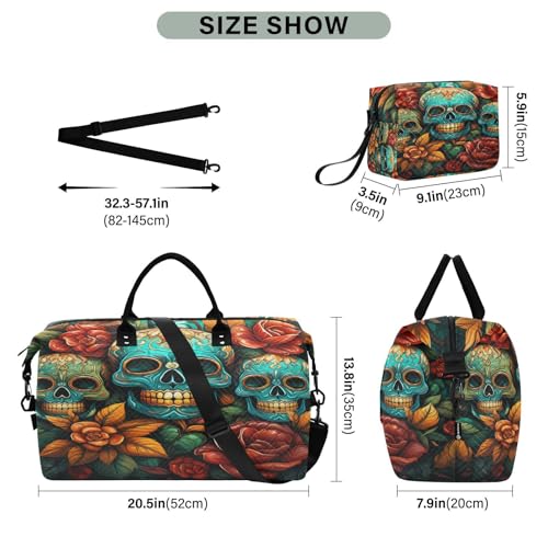 Blue Floral Skull Art Travel Duffel Bags Gym Bag Weekender Handbag with Toiletry Bag for Women Girls Men3