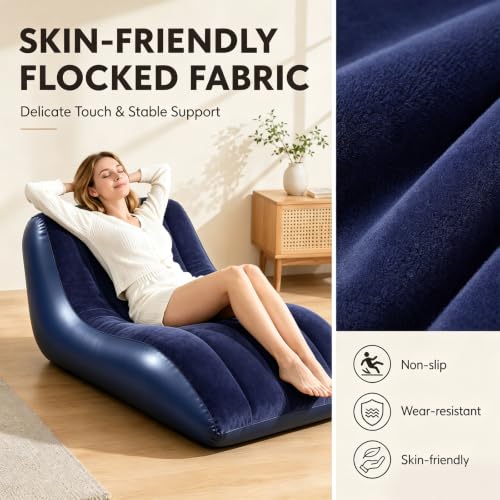 Sofá de aire hinchable azul con superficie flocada portátil para exterior y camping 5