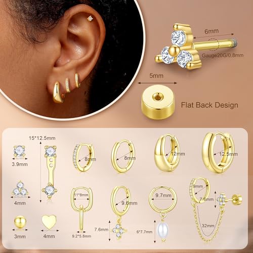 Turandoss 13 Pairs Gold Hoop Earrings for Women, Hypoallergenic 14K Gold Plated Hoop Stud Huggie Pearl Earring Set, Dainty Flat Back Cartilage Earring Stacks for Multiple Piercings - Image 4