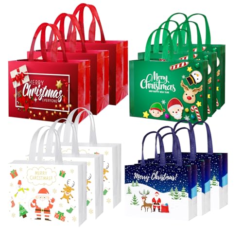 IPQXE 12 Pack Reusable Christmas Tote Bags - Non-Woven Shopping Bags with Handles for Gifts, Treats, Wrapping - 12.6'' x 9.8'' x 4.5''