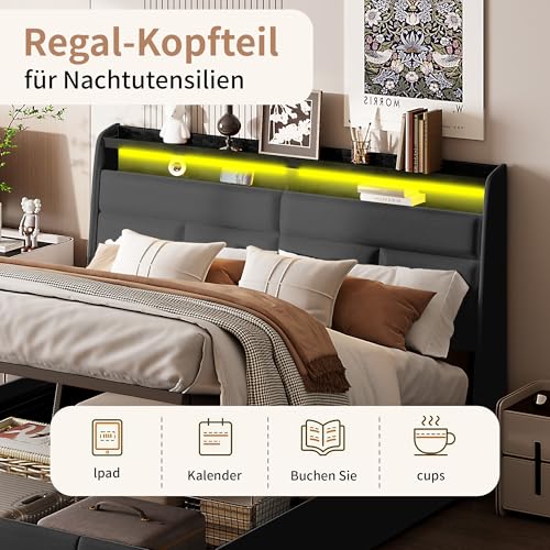 JYNVO Polsterbett 160x200 cm mit Stauraum und LED Beleuchtung, Hydraulisches Stauraumbett, Doppelbett mit Kopfteil, Bett mit Lattenrost, Jugendbett, Schwarz, PU-Leder, ohne Matratze