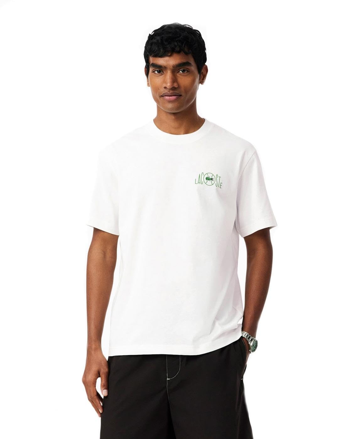 Lacoste Camiseta de Manga Corta para Hombre, Blanca, 100% Algodón, Estampado on Tennis, Cuello Redondo, Estilo Casual Deportivo