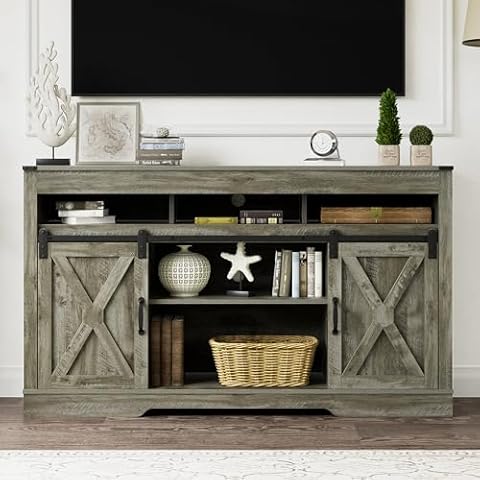 FansaFurn Farmhouse TV Stand for 65+ Inch TV, 34'' Tall Entertainment Center with Sliding Barn Doors, Rustic Wood Media Console Storage Cabinet Television Stand for Living Room, Bedroom Light Grey Cover
