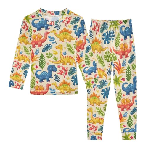 ALAZA Dinosaur Palm Tree Leaf Color Pajamas Long Sleeve Sleepwear 2-Piece Pajama Set